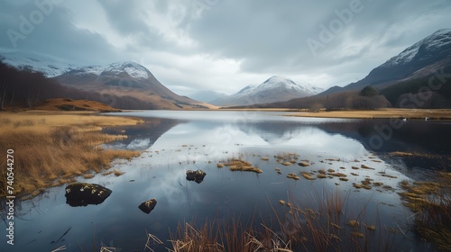Serene lake landscape with reflective waters and misty mountains. perfect for nature backgrounds and wallpapers. shot in atmospheric style. AI