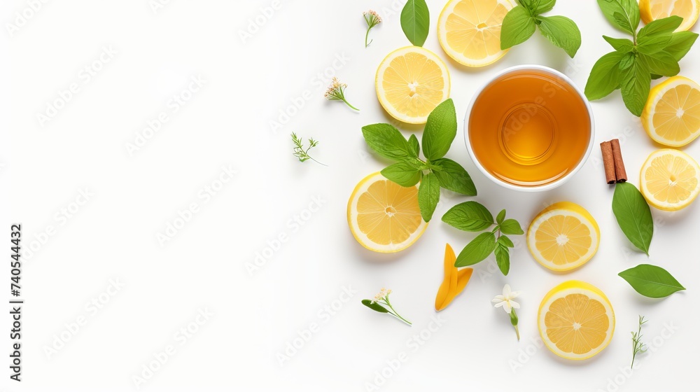Creative layout made of cup of hot tea with ginger and lemon on a white background. Top view