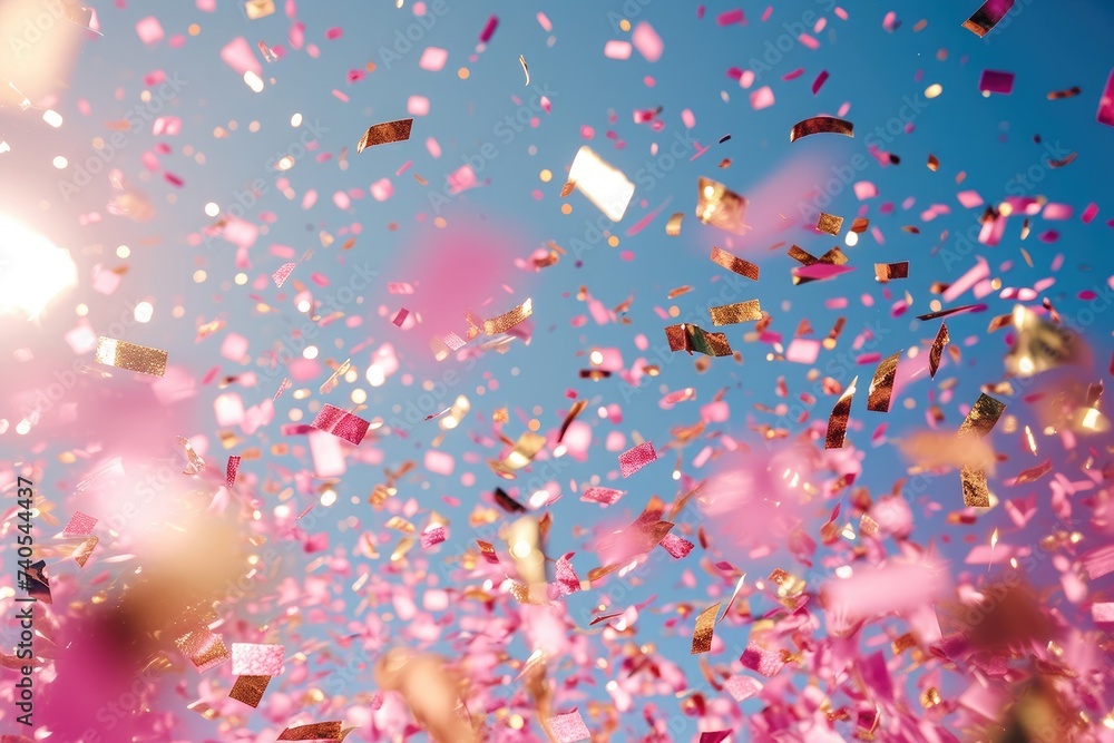 A vibrant assortment of pink and gold confetti creates a festive atmosphere as it swirls through the air, Confetti in shades of pink and gold falling from the sky, AI Generated A vibrant assortment of pink and gold confetti creates a festive atmosphere as it swirls through the air, Confetti in shades of pink and gold falling from the sky, AI Generated