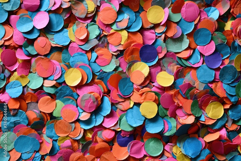 A wall adorned with a myriad of colorful confetti brings a festive atmosphere to a celebration venue, Confetti made out of recycled paper, AI Generated - obrazy, fototapety, plakaty 