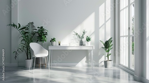 Minimalist home office featuring a white desk and plants, ultra realistic photography