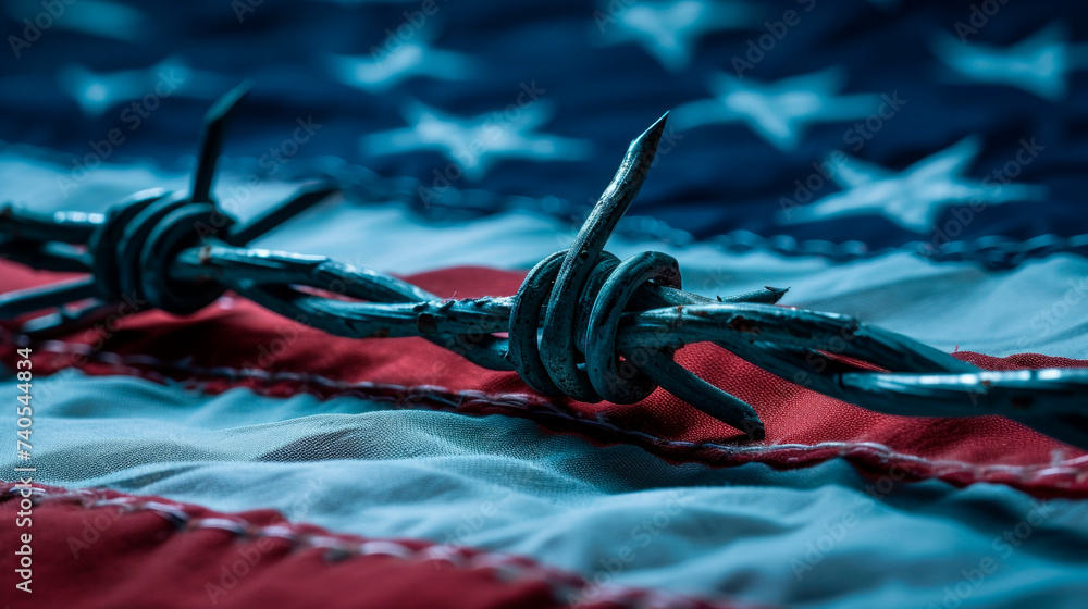 Barbed wire across USA flag implies restricted freedom, negative connotation, somber mood Useful for political discussion pieces, backgrounds - obrazy, fototapety, plakaty 