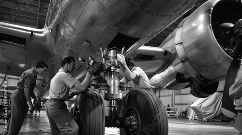 A team of technicians work on the landing gear of a jet preparing it for its next flight. photo