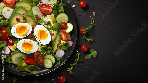 Easter fresh vegetable salad with boiled egg, broccoli, corn salad, green peas and avocado, top view © Elchin Abilov