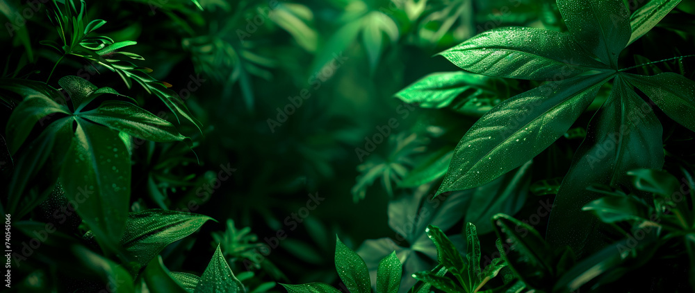 Lush green foliage background with dew, suggesting tranquility, freshness, and nature Ideal for eco-friendly themes, with ample copy space Lush green foliage background with dew, suggesting tranquility, freshness, and nature Ideal for eco-friendly themes, with ample copy space
