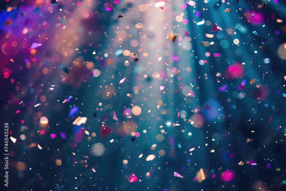 A photo capturing a vibrant blue and purple background with blurred focus, featuring falling confetti, Confetti particles reflecting bright lights in a discotheque, AI Generated