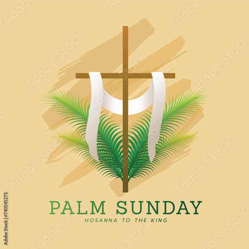 Palm sunday, hassana to the king - Cross crucifix with cloth and palm leaves on side on soft yellow brush texture background vector design