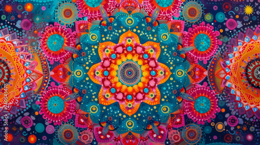 A vibrant tapestry of colorful mandalas and geometric patterns representing the balance and harmony achieved through focused meditation.