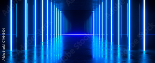 Futuristic blue-lit corridor with vertical lights, evokes high-tech or sci-fi Empty space suggests solitude, mystery Ideal for tech-themed backdrops, ads