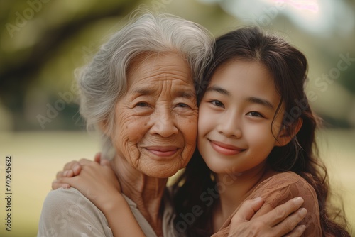 Happy asian old grandmother hugging grown grandchild girl looking at camera  smiling mature mother or senior grandma granny embracing granddaughter or daughter. International Day of Older Persons