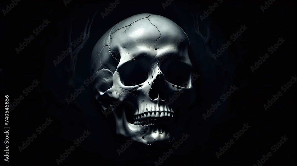 Fototapeta premium An eerie depiction of a human skull enveloped in darkness