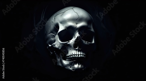 An eerie depiction of a human skull enveloped in darkness