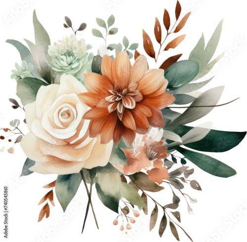 Watercolor flowers bouquets isolated on white background.   bunch of flowers watercolor for Stylish fall wedding bunch of flowers. design card  postcard  textile  flyer