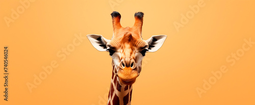 Curious giraffe's head centered against orange background, providing copy space, image conveys a sense of wonder and playfulness, perfect for engaging viewers in wildlife or conservation topics photo