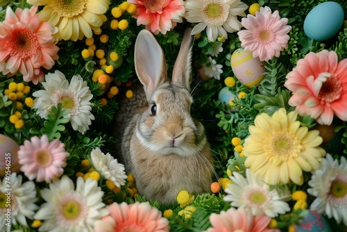 Happy Easter Eggs Basket Opulent. Bunny hopping in flower Fresh cut flower decoration. Adorable hare 3d Game Development rabbit illustration. Holy week easter hunt blessing card card Clover Green