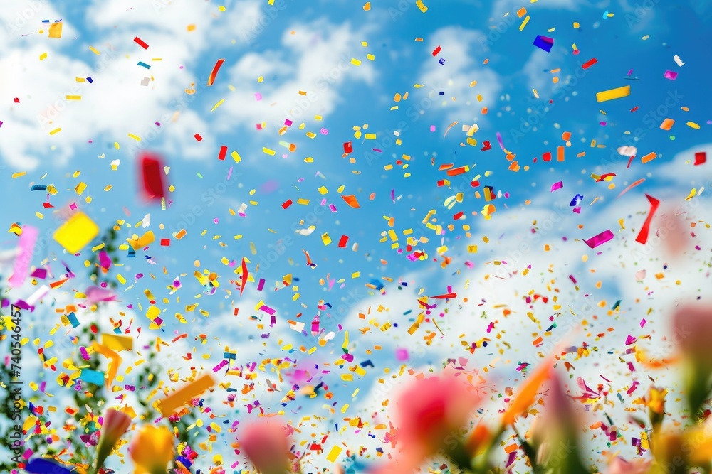 A multitude of brightly colored confetti fills the air, creating a lively and festive atmosphere during a joyous event or celebration, Confetti swirling in a gust of wind, AI Generated
