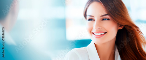 A smiling young businesswoman engages in a conversation, exuding confidence and professionalism Bright, modern office setting Ideal for corporate branding with ample copy space