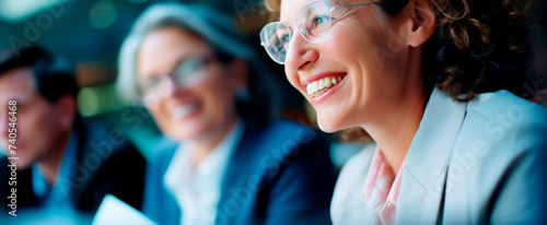 Professional team in a meeting, exuding confidence and teamwork Clear focus on the woman in the foreground, others blurred
