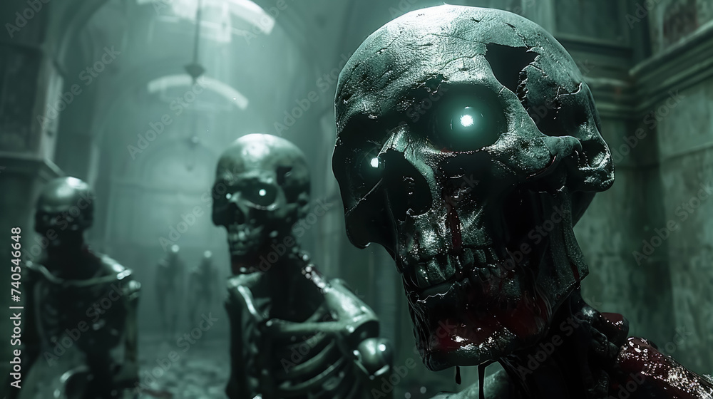 Naklejka premium A sci-fi horror scene where skeleton dolls with glowing eyes hold court in a futuristic dungeon blood etched into their frames
