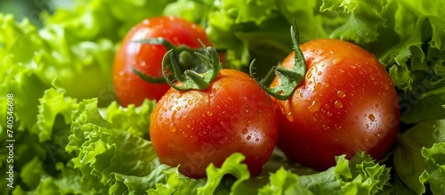 Vibrant and Fresh Tomatoes on a Bed of Lush Lettuce Leaves in Natural Light