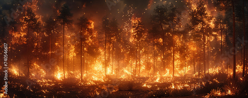 A fiery forest under siege by a trunk storm flames dancing with flying debris a cinematic battle of elements photo