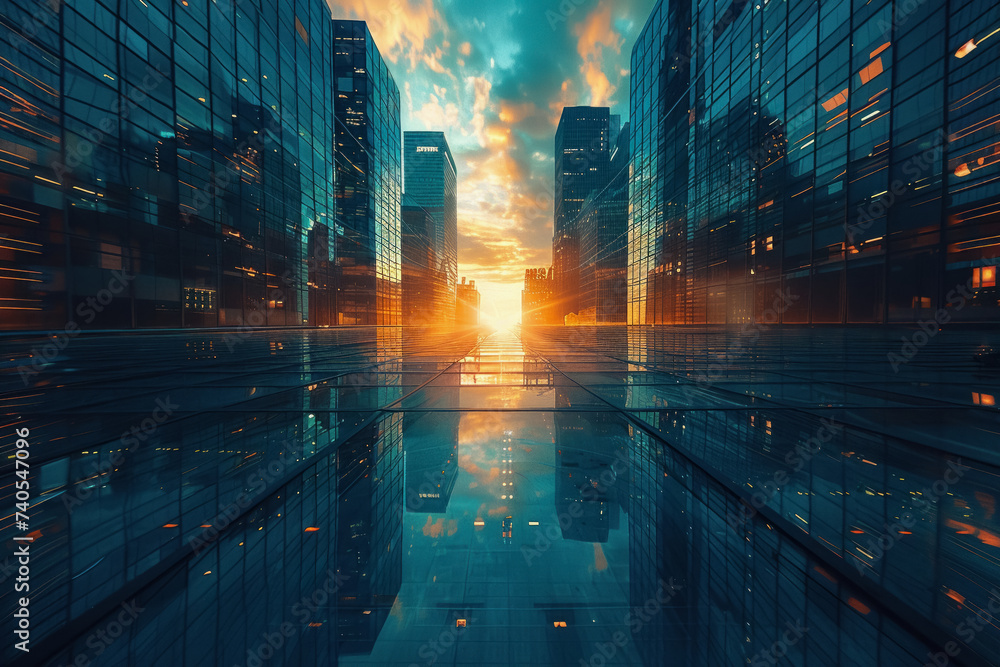 Slash Sun piercing through a futuristic skyline casting shadows and light in a high-tech city