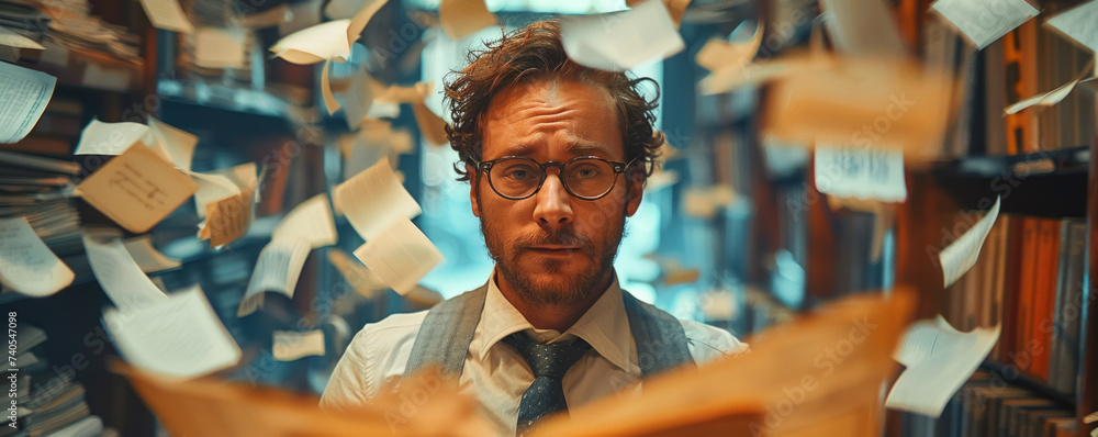 Stressed business man in a high-tech office paperwork erupting from an antiquated printer a contrast of eras - obrazy, fototapety, plakaty 