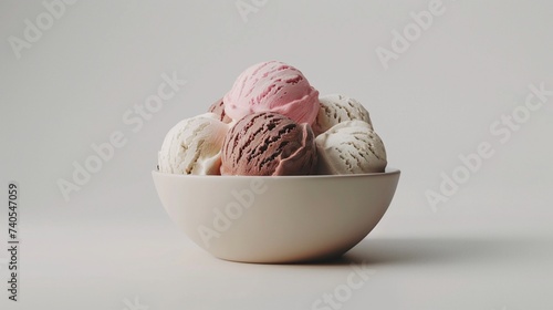 Irresistible scoops of ice cream piled high in a bowl, showcased on a flawless white background, ready to satisfy any sweet craving