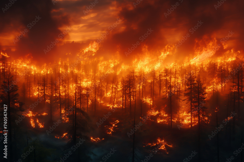Fiery Wildfire: A mesmerizing combination of blazing flames and vibrant hues lights up the sky in a stunning display of nature's power and beauty.