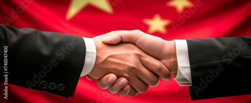Two businesspeople shaking hands, symbolizing partnership or agreement, against Chinese flag backdrop, evokes cooperation, diplomacy, and negotiations