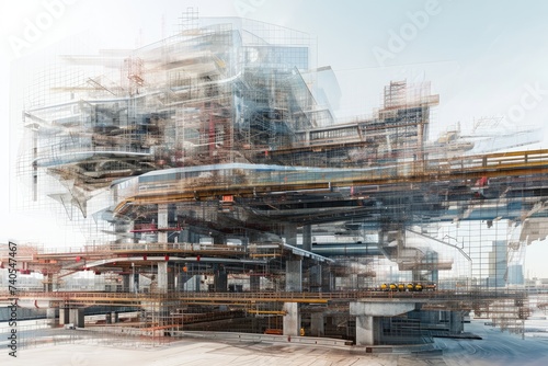 Detailed Drawing of a Industrial Building With Numerous Pipes, Construction engineering project of the future seen through layers of designs and structures, AI Generated