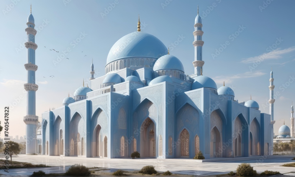 modern mosque with a flat roof pastel blue colours in a futuristic
