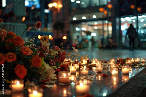 Candlelight vigil with flowers on urban street at night.