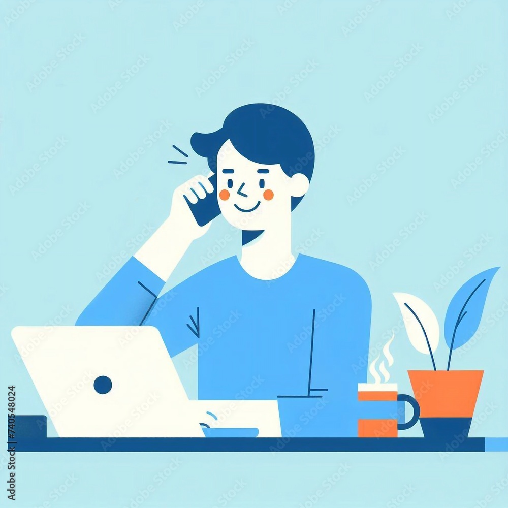 Young guy at work, happy. Minimalism, flat colors, simple shapes, blue, cyan, orange. Generative AI.