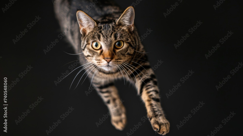 Cat jump on a black background. Flying animal.
Cat jump on a black background. Flying animal.