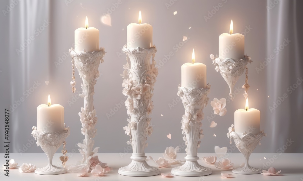 long candlestick, white romantic, luxurious silk motif, light atmosphere long candlestick, white romantic, luxurious silk motif, light atmosphere