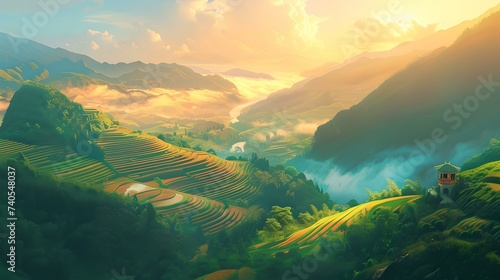 Breathtaking sunrise over lush green valleys and terraced fields. peaceful nature scene, perfect for travel and adventure concepts. idyllic landscape, serenity and beauty. AI