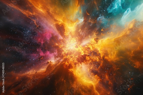 A dynamic and visually striking space captured in a single frame, showcasing a vibrant array of stars and colorful clouds, Cosmic art showcasing an explosion of colors within a nebula, AI Generated