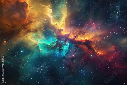 A vibrant and bustling space scene filled with countless stars and celestial bodies, Cosmic art showcasing an explosion of colors within a nebula, AI Generated