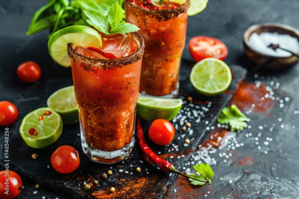 Two glasses of Bloody Mary cocktail with lime and basil garnish. Two glasses of Bloody Mary cocktail with lime and basil garnish.