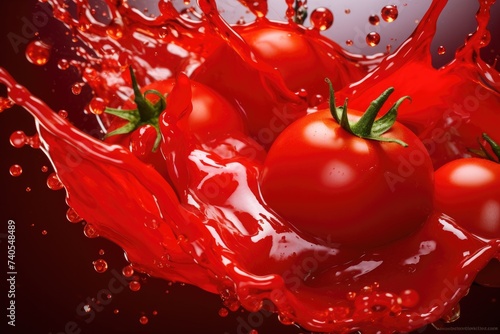 Fresh ketchup bottle splash with red tomato in humand hands, cooking concept,  Generative Ai. photo