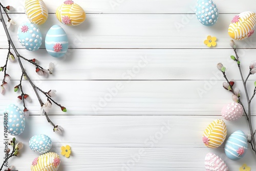Happy Easter Eggs Basket Rendering. Bunny hopping in flower Egg decorating contest decoration. Adorable hare 3d gospel rabbit illustration. Holy week easter hunt Pastel colors card labeled space