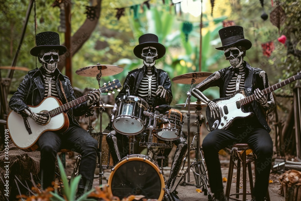 Fototapeta premium A group of skeletal figures engaging in a lively performance, playing guitars and drums, Creepy skeleton band playing eerie, festive tunes, AI Generated