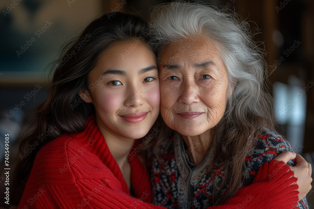 Happy asian old grandmother hugging grown grandchild girl looking at camera, smiling mature mother or senior grandma granny embracing granddaughter or daughter. International Day of Older Persons Happy asian old grandmother hugging grown grandchild girl looking at camera, smiling mature mother or senior grandma granny embracing granddaughter or daughter. International Day of Older Persons