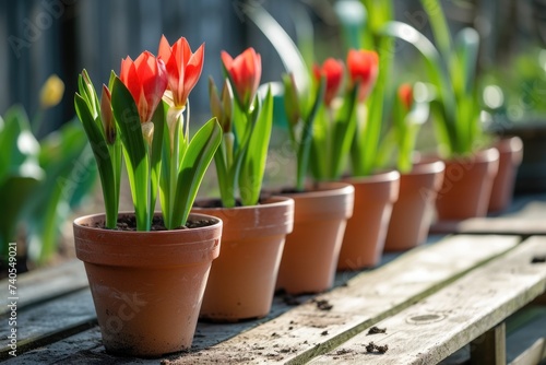 Red tulips in terracotta pots on wooden shelf outdoors.