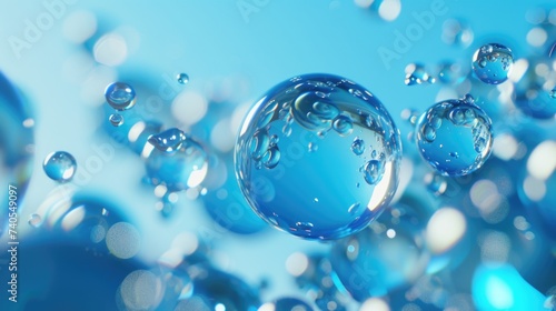 Macro photography of blue water bubbles. Abstract liquid background.