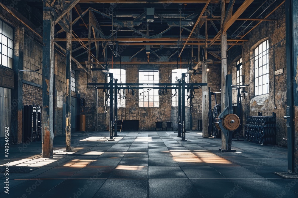 A view of a massive industrial building showcasing its abundance of windows and modern architectural design, CrossFit setup in a gritty industrial gym, AI Generated A view of a massive industrial building showcasing its abundance of windows and modern architectural design, CrossFit setup in a gritty industrial gym, AI Generated