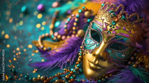 Vibrant carnival mask with feathers and beads.