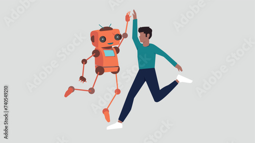 Ein Roboter und ein Geschäftsmann springen auf, um ihren Erfolg zu feiern. Dabei geben sie sich ein High Five - Konzept der künstlichen Intelligenz