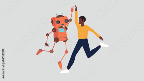 Ein Roboter und ein Geschäftsmann springen auf, um ihren Erfolg zu feiern. Dabei geben sie sich ein High Five - Konzept der künstlichen Intelligenz